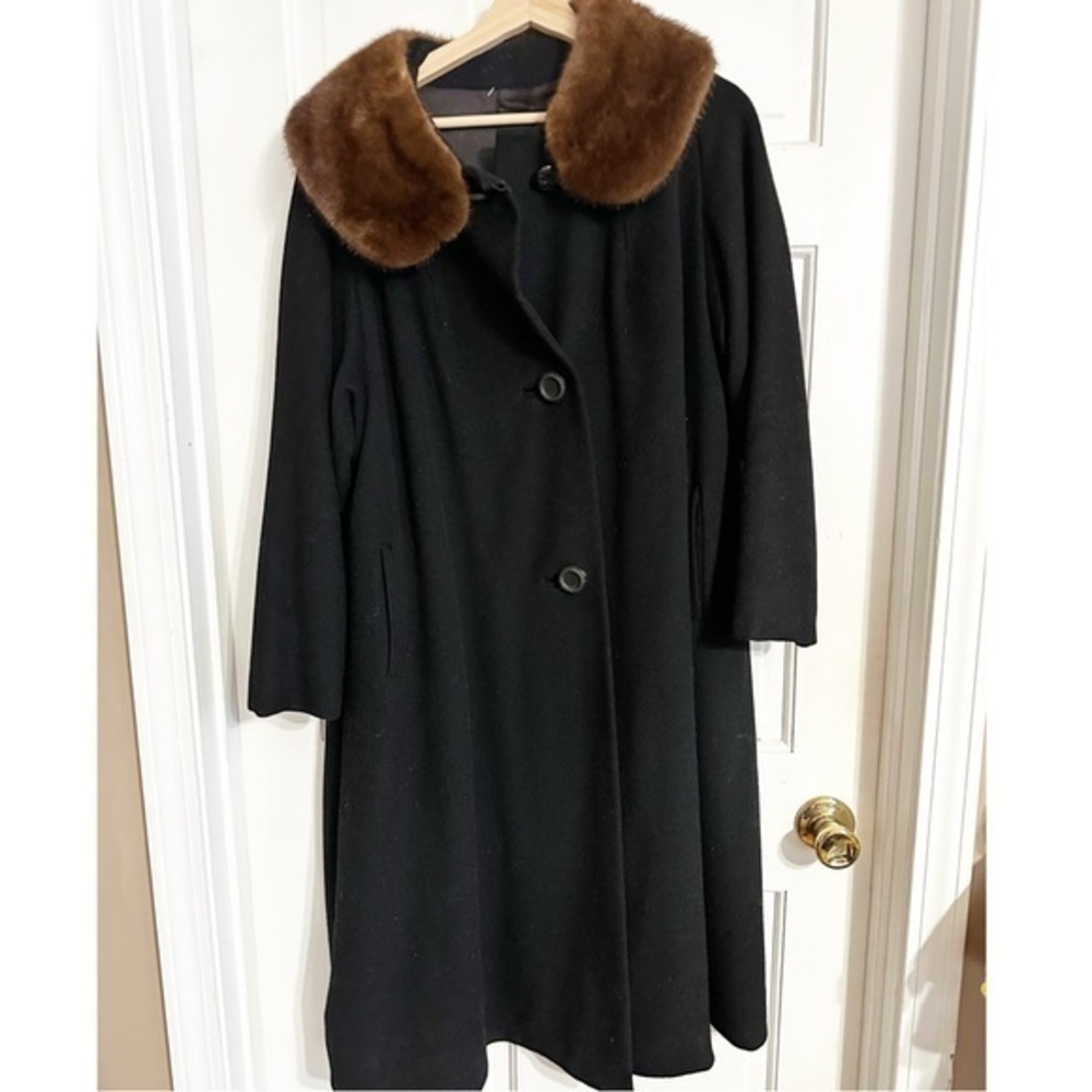 Vintage Black Cashmere Blend Coat with Brown Mink Collar Sz L